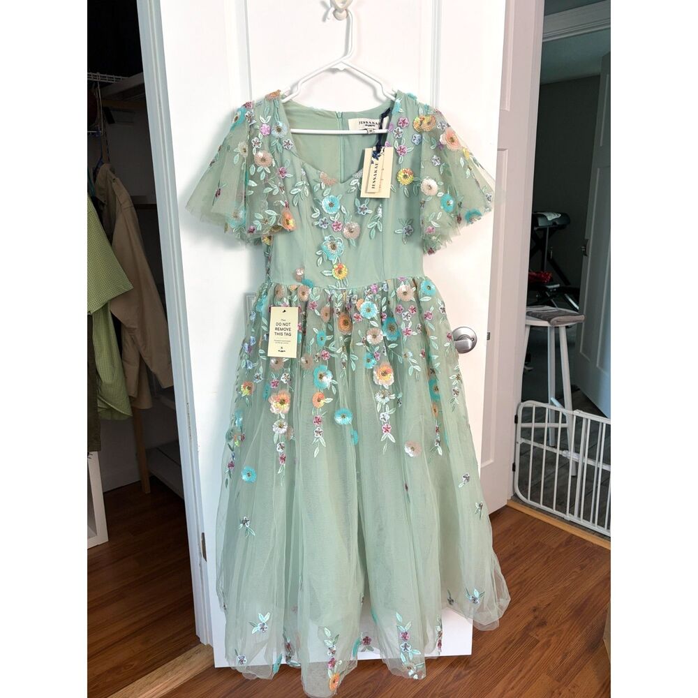 New JessaKae Evangeline Dress Sage Mint Green Sequin Floral Tulle Midi Womens M